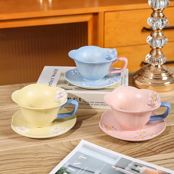 Floral Tea Cups and Saucers, Ceramic Cute Coffee Mug for Women Tea Party, Cappuccino Latte Milk (Yellow)