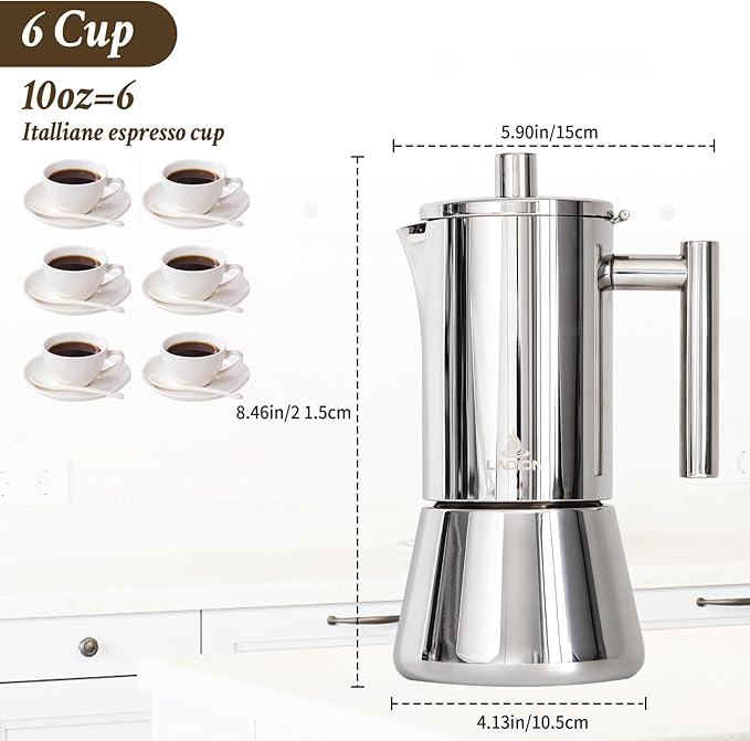 Stovetop Espresso Maker, 6Cup 10 oz Moka Pot, Stainless Steel Cuban and Italian Coffee Maker for Cafetera Cubana, Greca De Cafe Induction Stovetop Compatible, Coffee Gift for Home Travel