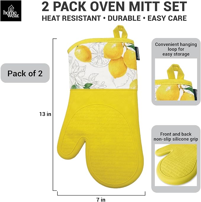 Delaney Silicone Oven Mitts Set - Extra Long, Heat Resistant Kitchen Gloves, Non-Slip Holders for BBQ, Baking, Cooking Essentials, Yellow Citrus, Kitchen Decor, Oven Gloves, New Home Gifts