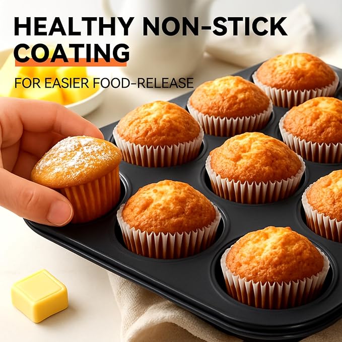 Yoehka 2 Pack Muffin Pan for Baking, Nonstick Cupcake Pan Set, Standard 12-Cups Muffin Tin for Baking Cupcakes & Mini Pies, Carbon Steel Baking Supplies