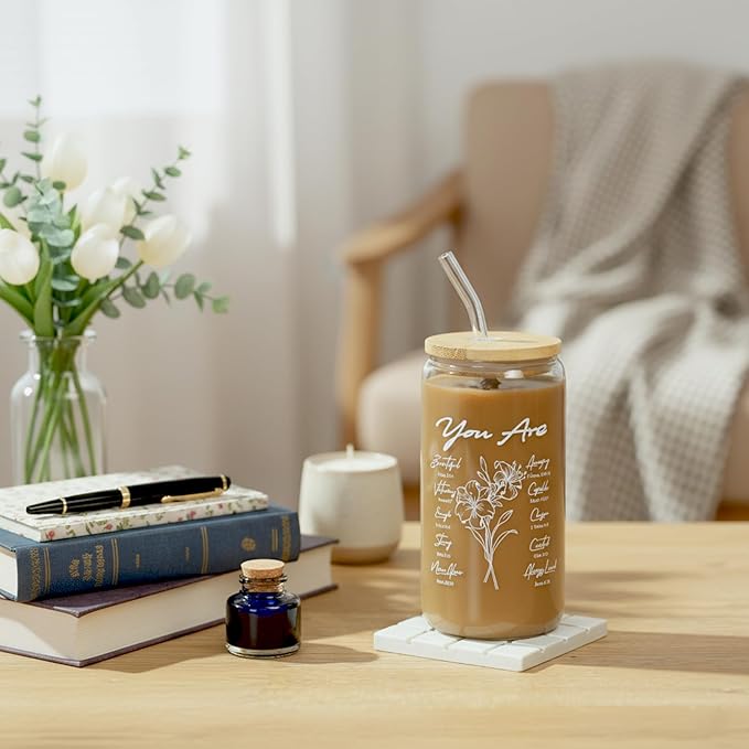 Christian Gifts For Women, Bible Verse Glass Cup with Lid & Straw 16oz Coffee Mugs Tumbler for Birthday Thanksgiving Christmas Gift for Mom Wife Sister Friends Teen Girls