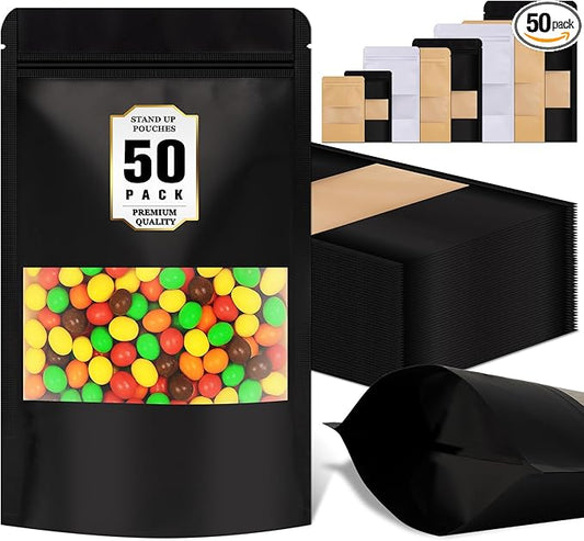 50 Pack Smell Proof Bag, Stand Up Zip Lock Bags, Cookie Bags with Seal, Resealable Pouches, Packing Bags for Cheese, Herbs, Coffee, Spice, Nuts, Soap, Bath Salts, Party Favors, Tea