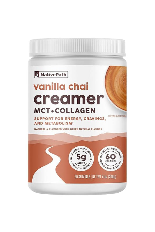 NativePath Keto Coffee Creamer Powder Vanilla Chai — Keto-Friendly, Non-Dairy & Low Sugar Creamer. Made with Grass-fed Collagen Protein Powder, MCT Oil & Monk Fruit. Soy & Gluten Free (7.1 OZ)