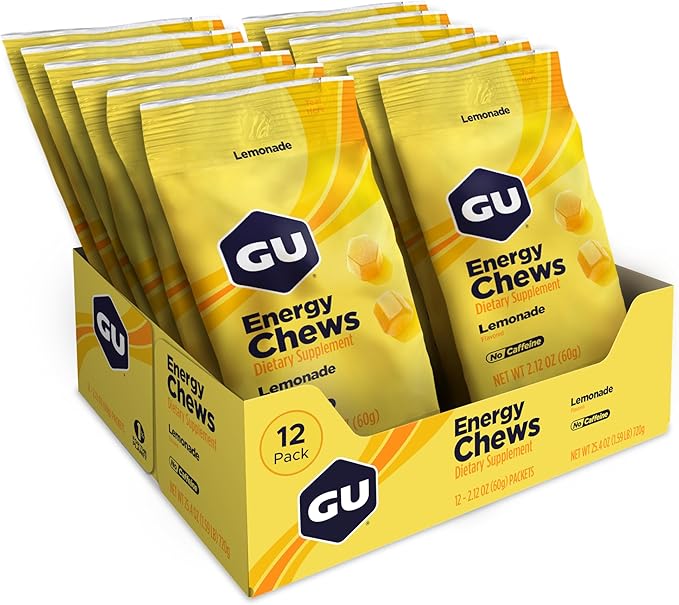 GU Energy Chews, Lemonade Energy Gummies with Electrolytes, Dairy-Free, On-The-Go Energy for Any Workout, 12 Bags (24 Servings Total)