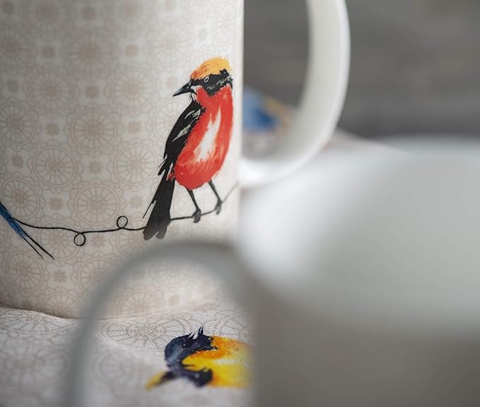 Maison d' Hermine Coffee Mug with Handles Fine Bone China Mugs Pack of Two Tea Cups for Hot Beverages Cappuccino Latte Home Restaurant Office Perfect for Gift (Birdies On Wire, 15 Ounce)
