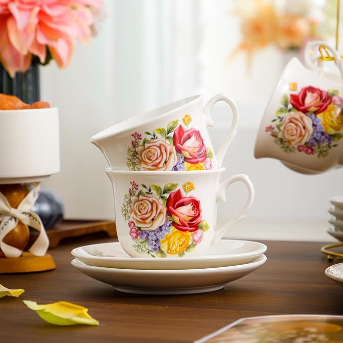 20-Pieces Porcelain Bone china Tea Sets,Gold Rim Coffee Set with Golden Metal Rack,Tea Gift Sets for Home&Party (006)