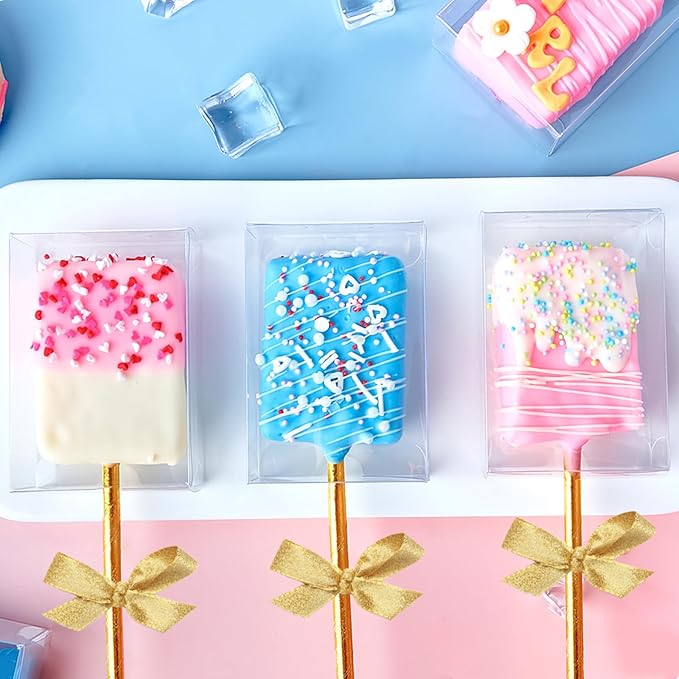 Jutieuo 45 PCS 3.5x2.4x1.38 Inches Clear Rice Krispie Treat Boxes with Hole Individual Cakesicle Boxes Transparent PET Plastic Candy Macaron Boxes Baby Shower Party Favors Boxes