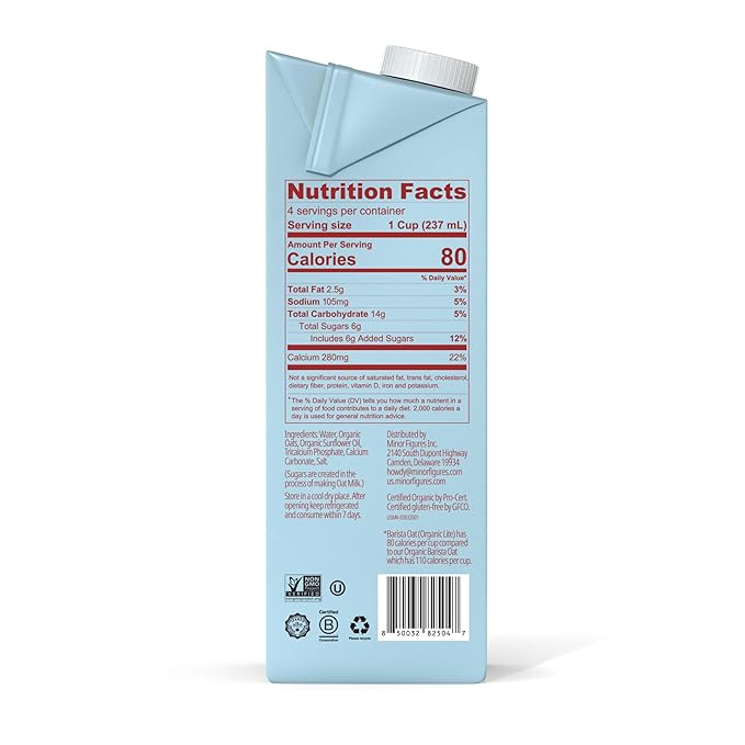 Minor Figures - Light Oat Milk - Barista Standard - 32 Oz - 6 Pack - Non-GMO - Plant-Based - Vegan - Dairy Free - Shelf Stable - Unsweetened
