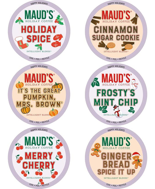 Maud's Holiday Blend Coffee Pods Variety Pack, 42 ct, 6 Assorted Flavors, Medium Roast Coffee in Recyclable Single Serve Pods – 100% Arabica Coffee, Compatible with Keurig K Cups Maker