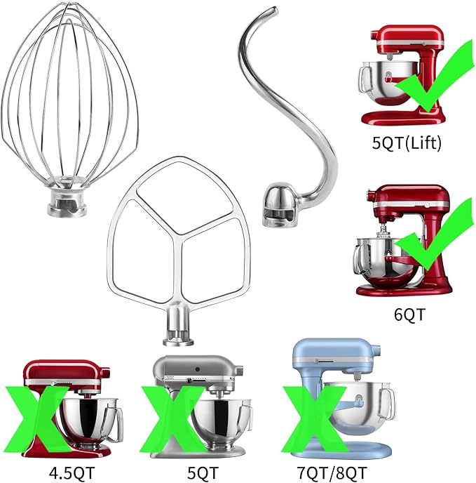 Stainless Steel 3 Piece kit Attachments，Dough Hook 6 Wire Whisk Flat BeaterCompatible with KitchenAid 5-6QT Mixer，Bowl Lift Stand Mixer Accessory，Rust Resistant，Dishwasher Safe