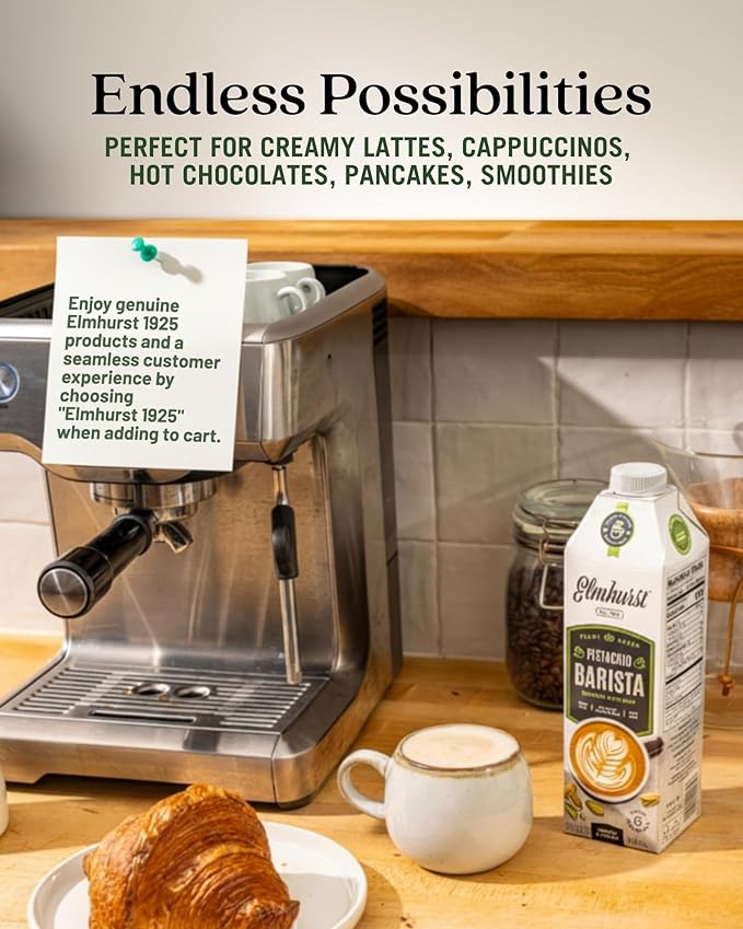 Elmhurst 1925 Pistachio Milk Barista Edition – 32 Ounce (Pack of 6) Plant-Based, Vegan, Dairy-Free, Non-GMO, Kosher, Froths for Lattes & Iced Coffee, 3g Protein per Serving, Simple Ingredients