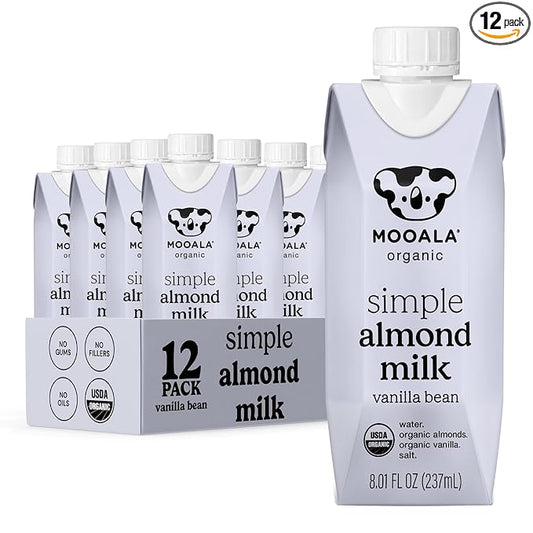 Mooala Organic Simple Almondmilk Vanilla- Shelf Stable Single Serve Cartons, 4 Ingredients, No Gums, No Oil, No Fillers, Dairy Free Plant Based Milk, On The Go 12 Pack