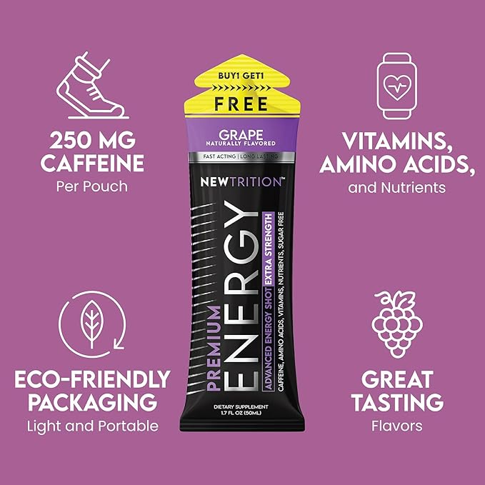 NewTrition® Extra Strength Energy Shots, 250mg Caffeine Energy Shots with Vitamin B & Amino Acids, Sugar-Free Vitamin Energy Shot, 1.7 fl oz (Pack of 12, Grape)