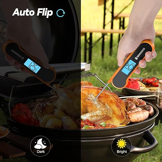 0.5 Sec Instant Read Meat Thermometer Digital with ±0.5℉ Precision, 100% Waterproof Auto Flip Bright LCD Screen, Motion Sensing Food Thermometer for Cooking Kitchen Oven Grill Candy BBQ, Orange