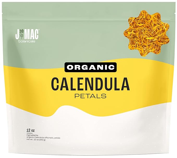 J Mac Botanicals, Organic Calendula Petals (12 oz) edible dried flowers petals, pairs well with edible dried rose petal, edible flowers for ice cubes, edible flowers for food, beverages, bath bombs