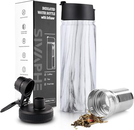 Tea Infuser Bottle With Removable Loose Leaf 18/8 Stainless Steel Insulated Travel Tea Strainer Tumbler tea drinkers gifts for women(White Marble)