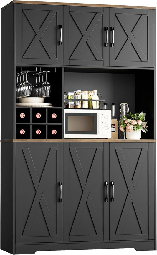 HOSTACK Kitchen Pantry Storage Cabinet, 71" Tall Food Pantry Cabinet with Microwave Stand, Farmhouse Kitchen Hutch, Coffee Bar Hutch with Wine Rack for Dining Room, Living Room, Black