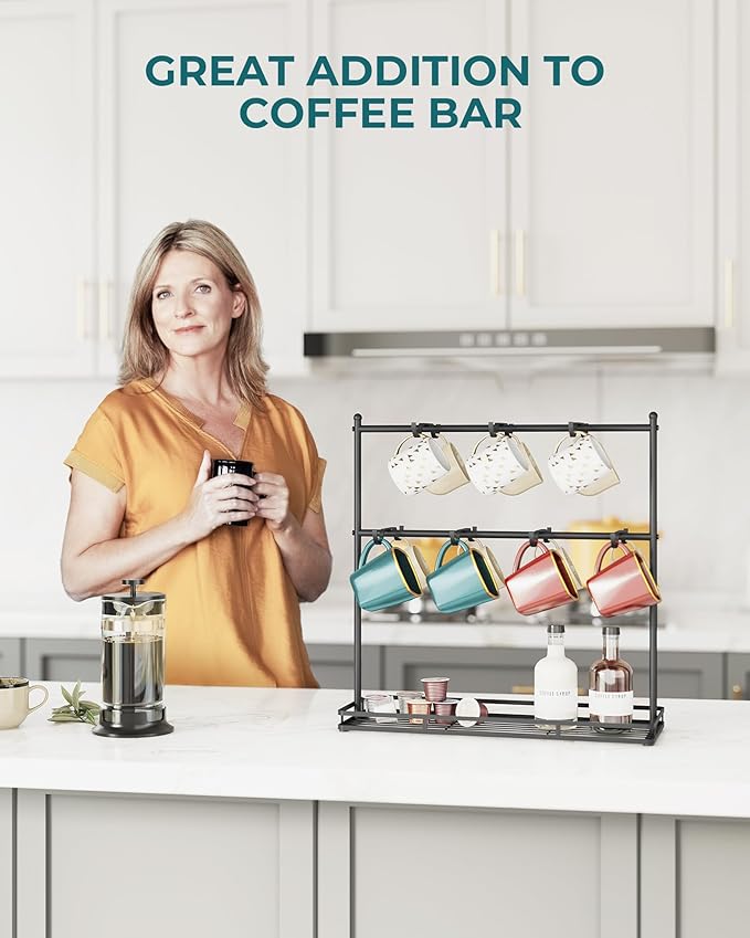 OROPY Coffee Mug Holder for Countertop, 14-Hook Mug Tree Rack for 14 Cups, 2 Tier Mug Display Stand with Heavy Duty Metal Base