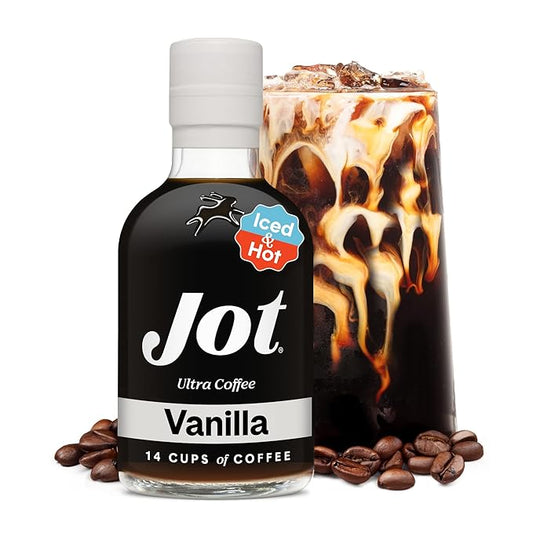Jot Coffee Concentrate (Vanilla) High Caffeine Cold Brew Coffee Concentrate Liquid for Iced Coffees, Instant Espresso, Hot or Cold Instant Coffees - Makes 14 Cups, 150mg Caffeine/Tbsp, Sugar Free