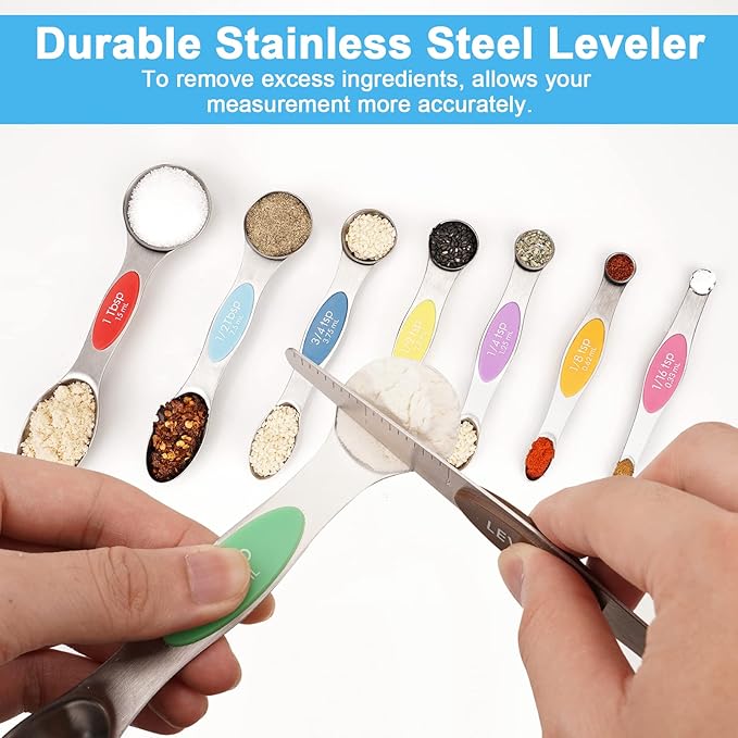 Aovchei 9 PCS Magnetic Measuring Spoons Set, Dual Sided, Stainless Steel Small Tablespoon, Teaspoons, Fits in Spice Jars, for Dry and Liquid, MultiColor