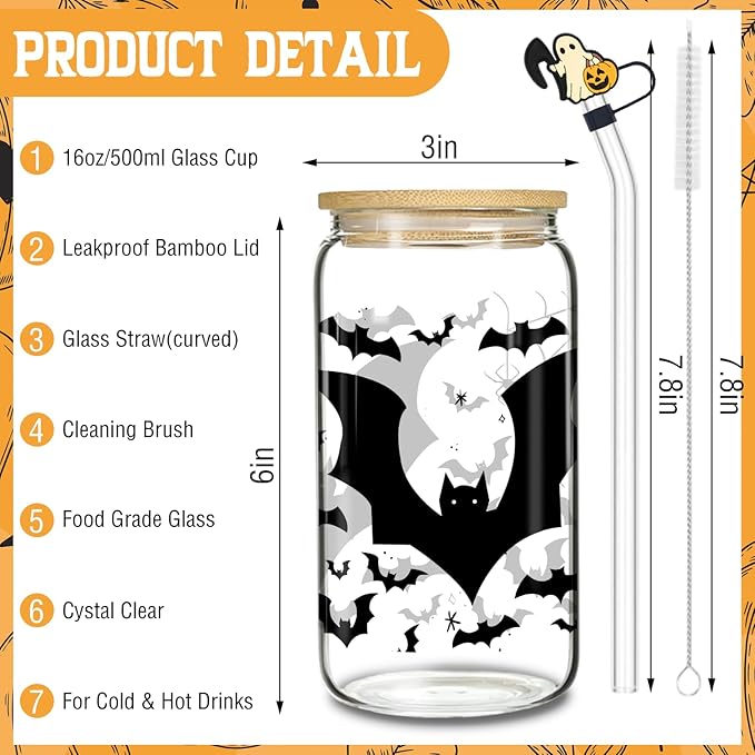 Black Bat Tumbler - 16oz Black Glass Mug with Lid and Straw, Gothic Themed Iced Coffee Cup, Birthday and Spooky Gothic Horror Theme Gift