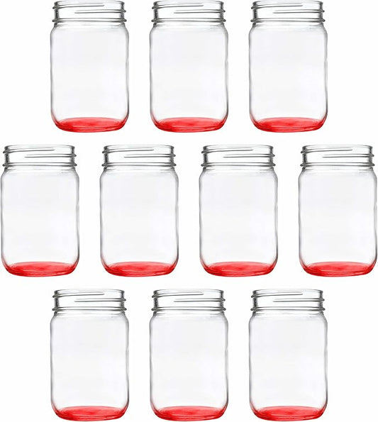DISCOUNT PROMOS Decorating Mason Jars 12 oz. Set of 10, Bulk Pack - Glass Jars for Overnight Oats, Candies, Fruits, Pickles, Spices, Beverages - Red