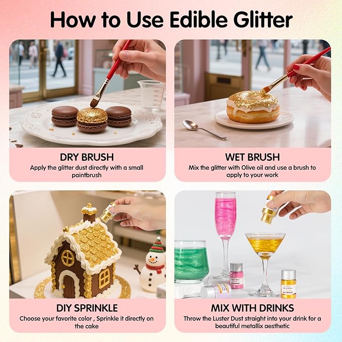 Gold Edible Glitter for Drinks, Food Grade 10g Gold Sprinkles Cake Decorating Supplies, Edible Luster Dust for Cocktail Beverages,Halloween Food Coloring Shimmer Powder for Baking,Cake Cupcakes Cookies Drinks Eggs Candy Strawberries Decorations