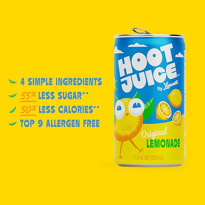 Hoot Juice Original Lemonade By Lemonati, No Artificial Sweeteners or Flavors, Gluten-Free, Kosher, Non-GMO, Vegan, 7.5 Fl Oz Mini-Cans, Pack Of 24, Original Lemonade