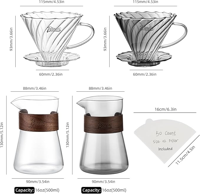 Bincoo Pour Over Coffee Dripper Set, Drip Coffee Maker, Included Borosilicate Glass Carafer and Coffee Dripper & 50 Pcs Size 02 Paper Filter, 16oz(500ml) (Smoky Gray Set)