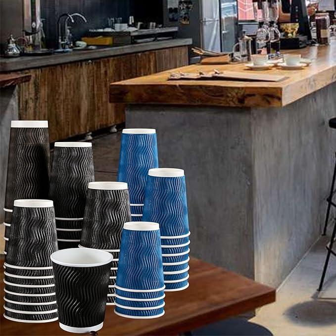 Lamosi 16 oz Coffee Cups - 90 Pack, Disposable Insulated Corrugated Paper Cups 16oz, Kraft Ripple Wall Cups for Hot Beverage or Cold Drinks (Black)