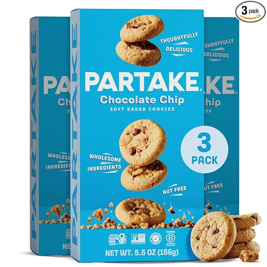 Gluten Free Partake Crunchy Soft Baked Chocolate Chip Cookies - Vegan - Free From the Top 9 Allergens Including Dairy, Wheat, Soy, Eggs, & Peanuts - Non GMO - Safe School & Office Snack (3 Pack, 5.5oz Boxes)