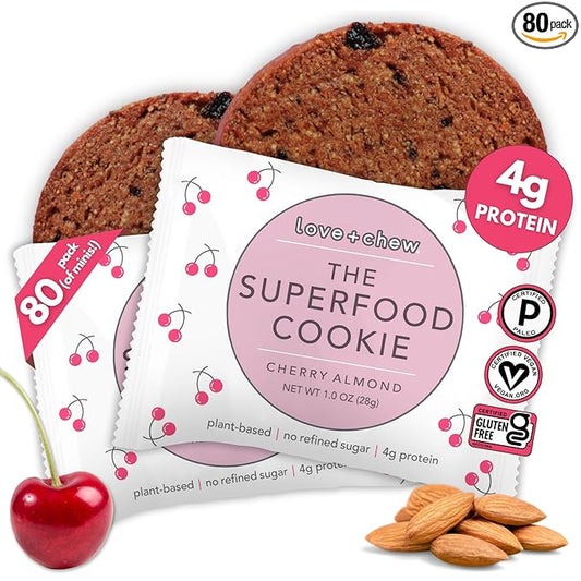Love + Chew Superfood Soft Baked MINI Cookies, Cherry Almond Flavor, Plant Based Cookie Made With Chia Seeds, Almonds & Cherries for Kids and Adults, Vegan Snacks, Gluten Free, Paleo, Non GMO, 80 Pack