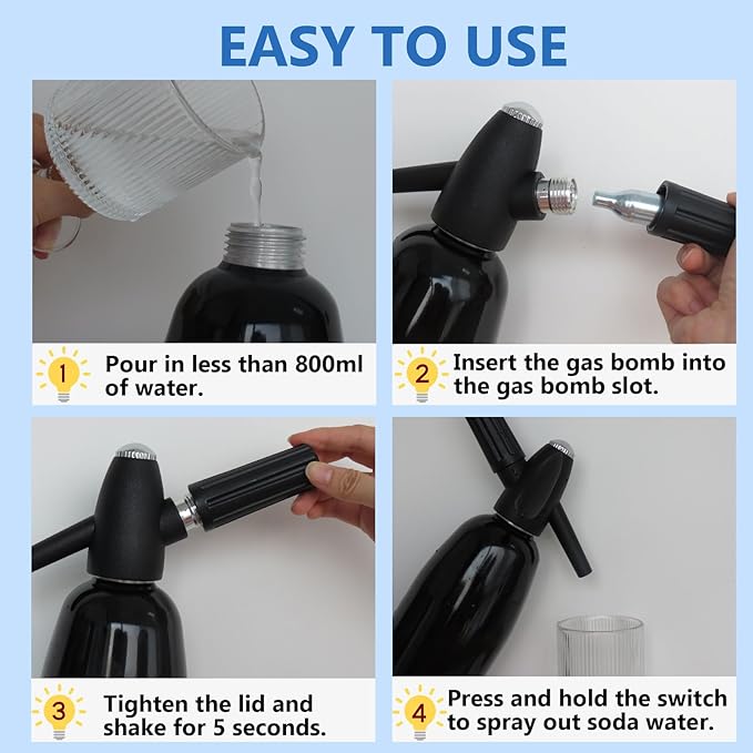 Soda Maker Soda Siphon, 1L Portable Carbonated Water Maker, Sparkling Water Maker Machine for Homemade Soda Water, Cocktails, DIY Sparkling Drinks, (Not Included CO2 Cartridges) with Ice Cube Mold