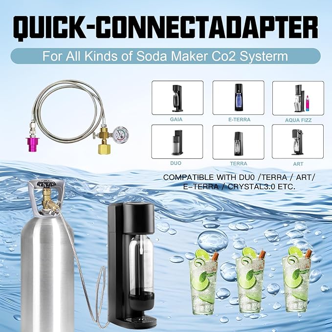 Soda Terra Maker Co2 Adapter,Co2 Quick Connect Adapter Hose with 3500psi Pressure Gauge,Compatible with Duo/Art/Terra/Gaia/AQUA FIZZ Pink Cylinder Soda Water Machine (60in)