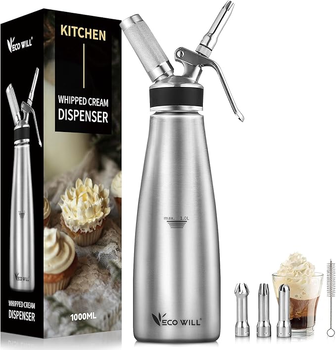 Professional Stainless Steel Cream Whipper, 1000ml – For Perfect Whipped Cream, Dessert Mousses, Cocktails & More – Easy to Use & Clean (Stainless Steel 1L)