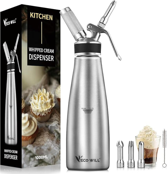 Professional Stainless Steel Cream Whipper, 1000ml – For Perfect Whipped Cream, Dessert Mousses, Cocktails & More – Easy to Use & Clean (Stainless Steel 1L)