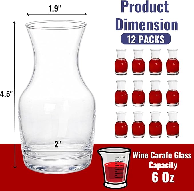 Set of 12 Wine Carafe Glass, 6 Oz Single Serving Mini Decanters for Individual Pours, Small Individual Carafes for Wine, Tasting, Champagne, Juice, Bars, Restaurants