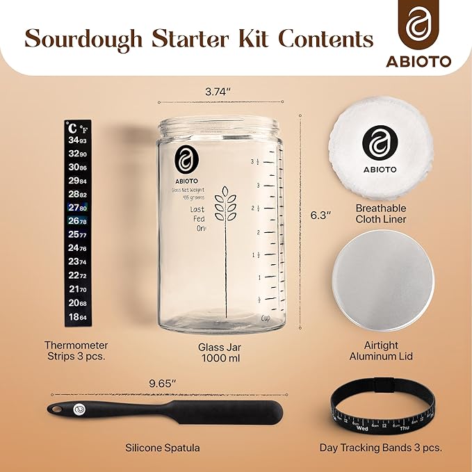 Sourdough Proofing Basket and Starter Jar Kit – 2.2 LB Round Wood Pulp Banneton with Grooved Pattern (Made in Germany) and 34 oz Sourdough Starter Jar, Thermometer Strips & Spatula –Bread Proofing Set