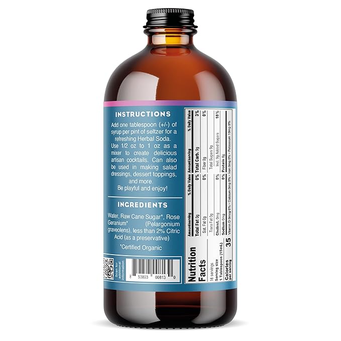 Bluestem Botanicals Organic Rose Geranium Simple Syrup, 8 oz, Cocktail and Mocktail Mixer for Drinks, Non-Alcoholic