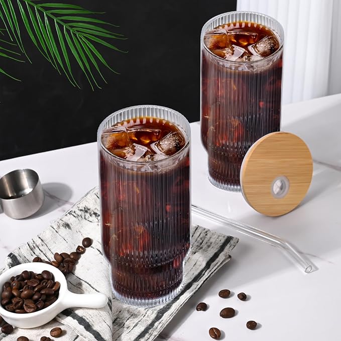 16OZ Ribbed Glass Cups with Lids and Straws,Iced Coffee Cups with Bamboo Lid,Vintage Glassware for Whiskey Cocktail Beer Fruit Juice Glasses Tumbler(2 Pack)