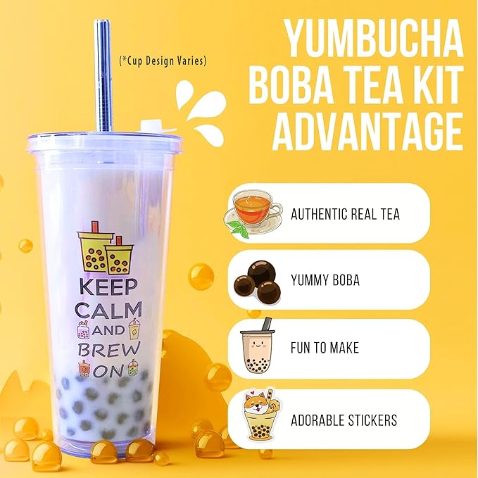 YUMBUCHA Instant Boba Making Kit - A Complete Set for Boba Tea Lovers - 30 Drinks, Reusable Cup & Straw, Tapioca Pearls, and Loose Leaf Teabags - White Peach Oolong, Jasmine Green, Classic Black