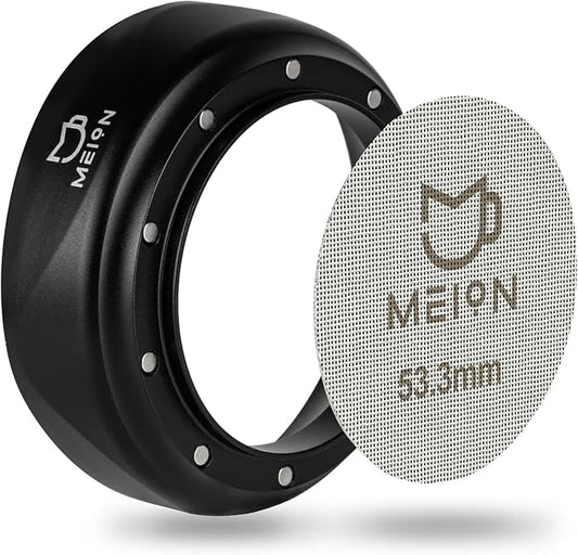 MEION 54mm Espresso Dosing Funnel and Puck Screen Set for 54mm Breville Portafilters, Magnetic Coffee Funnel, Reusable 53.3mm Espresso Puck Screen, Espresso Tools Espresso Accessories (54mm, Black)