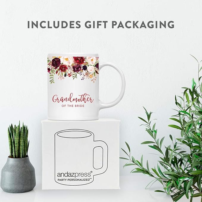 Andaz Press 11oz. Wedding Ceramic Coffee Tea Mug Gift, Fall Autumn Marsala Burgundy Flowers Roses Florals, Grandmother of the Bride, 1-Pack, Includes Gift Box