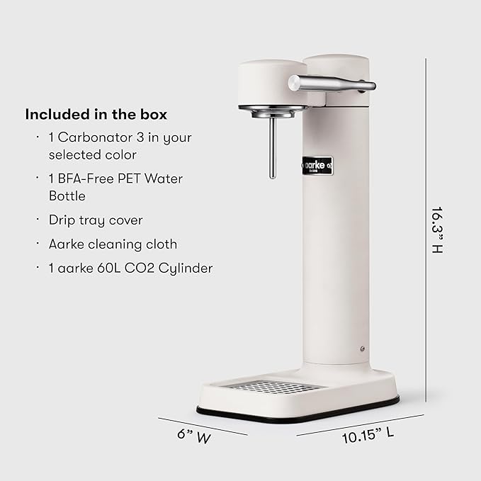 Aarke Carbonator lll with CO2 Cylinder, Sparkling & Carbonation Water Machine, Stainless Steel with PET BPA-Free Reusable Bottle Volume 1L/34 fl oz (Matte White)