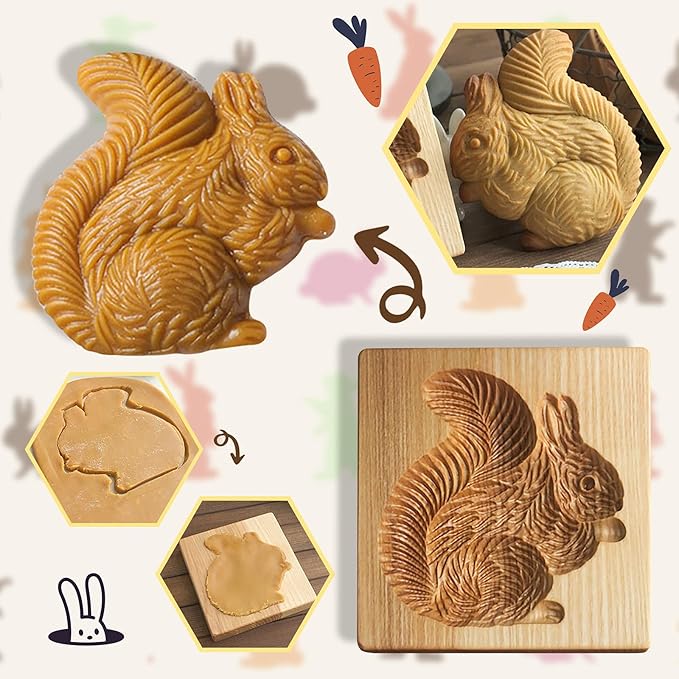 Wooden Cookie Biscuit Mold, 3D Baking Mold, Embossing Craft Decorating Baking Tool, Suitable for Halloween Thanksgiving Christmas Kitchen DIY (Squirrel 10 * 10 * 2)