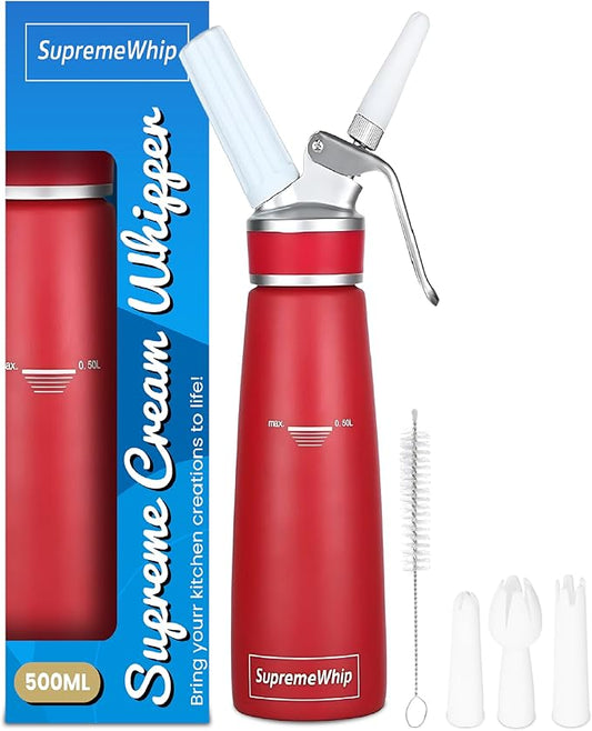 PRO Cream Dispenser, Durable High-Grip, Metal Lid with Rubber, 3 Nozzles, for Hot/Cold Use, Cleaning Brush Included, Red - 500 ml / 1 Pint