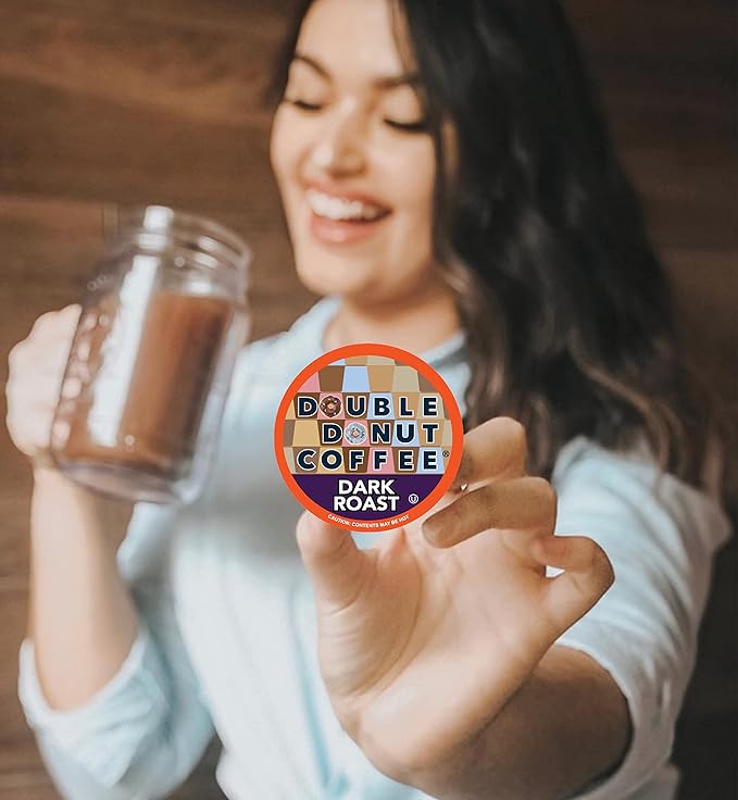 Double Donut Coffee Dark Roast Coffee Pods, Extra Bold Blend Coffee, Single Serve Coffee For Keurig K Cups Machines, Dark Roast Coffee in Recyclable Pods, 48 Count