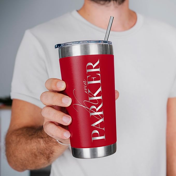 Be Burgundy Personalized Tumbler with Engraved Name - 12 Designs, 30 Oz Coffee Tumbler with Slider Lid, Red, Double Wall Insulated - Gifts for Mom, Women, Personalized Gift for Her