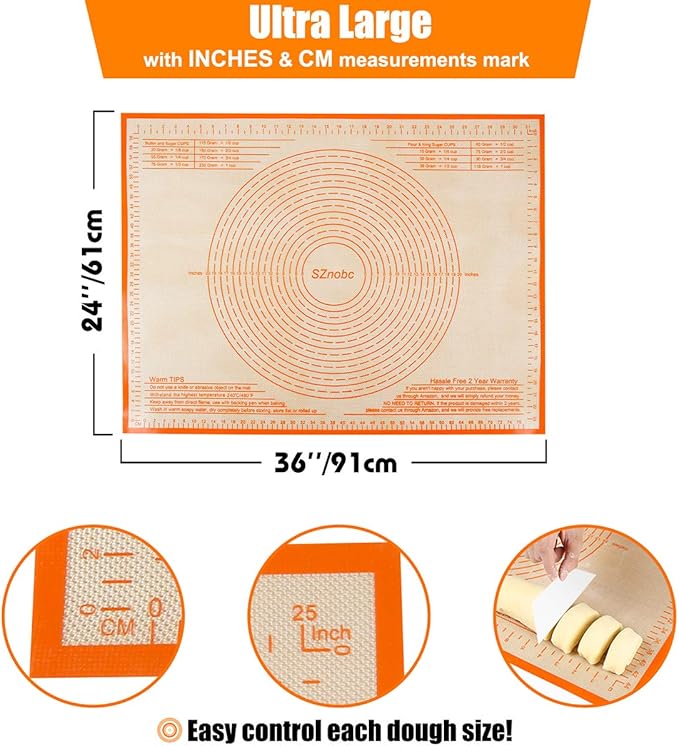 Silicone Pastry Mat 36X24 Inches Baking Mat with Measurement, Perfect for Dough, Pastry, Cookies, Pie Crust, Fondant, Bread, Sourdough, Pasta, Pizza, Kitchen Counter Mat