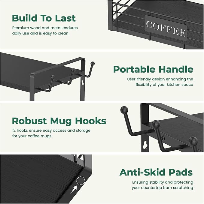 EsLuker.ly Coffee Mug Cup Holder Stand Bar Station Organizer for Countertop, Multi-Functional 2 Tier Mug Tree Rack for Kitchen, Storage Shelf with 12 Hooks, Black(Patented Design)